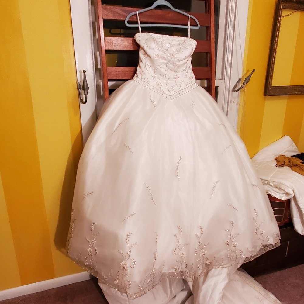 David's Bridal Embellished Ballgown Wedding Dress with Train, Sz 14